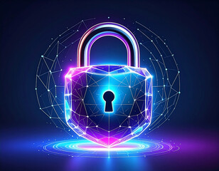 Geometric padlock encircled by network, bright blue and purple glow