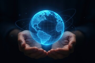 Person holding a luminous holographic Earth sphere above open hands symbolizing global unity innovation and responsible technology with dark futuristic ambiance
