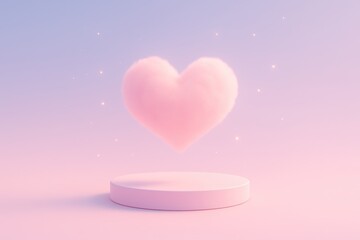 Pink heart shaped cloud over minimal stage dreamy display background for romance themed product launches events and social media with soft glow and airy bokeh