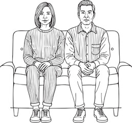 Handdrawn black and white illustration of an East Asian couple sitting together on a sofa.