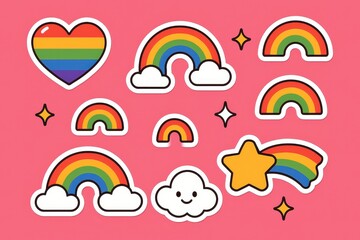 Playful LGBT pride sticker set with rainbows hearts flags and inclusive symbols on vibrant pink background designed for social media scrapbooks and merch