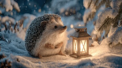 a hedgehog sits beside a lantern in a snowy landscape creating a cozy winter scene