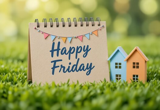 Inspirational happy friday message displayed on notepad with small decorative houses on fresh