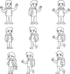 Set of black and white line art cartoon school children with backpacks in various poses.