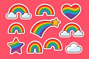Playful LGBT pride sticker set with rainbows hearts flags and inclusive symbols on vibrant pink background designed for social media scrapbooks and merch