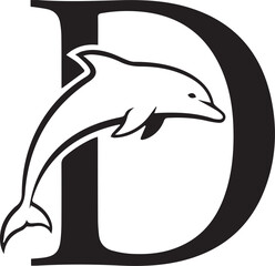Minimalist D dolphin silhouette logo – black-and-white design of jumping dolphin fused with capital letter “D” for branding, initials, and marine-themed identity.
