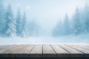 Rustic wooden display stage with snowy winter forest bokeh and cool breathy air perfect for cozy product showcases seasonal ads and holiday promotions