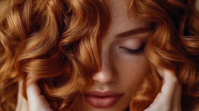 Close-up video of a beautiful redhead woman with curly hair in a serene state focusing on the