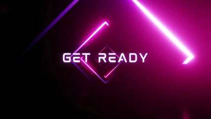 Dynamic 'GET READY' Neon Text with Glowing Pink and Purple Geometric Lines on Dark Background, Futuristic Digital Design - Powered by Adobe