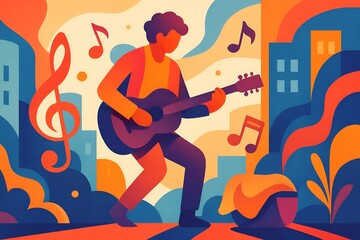 Teen girl guitarist on colorful stage, live music performance illustration