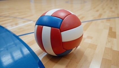 Close up of a red white and blue volleyball resting on polished gymnasium wooden floor surface