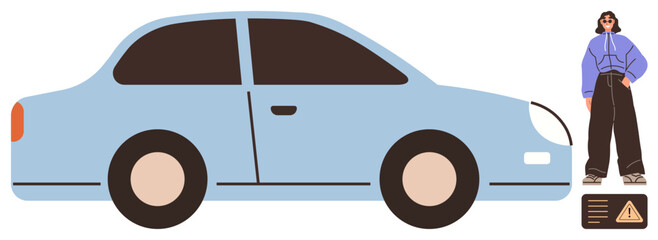 Blue sedan and a casually dressed woman standing confidently nearby with a caution sign. Ideal for themes thumbs up road safety, auto care, urban life, caution, travel, self-reliance, simple flat