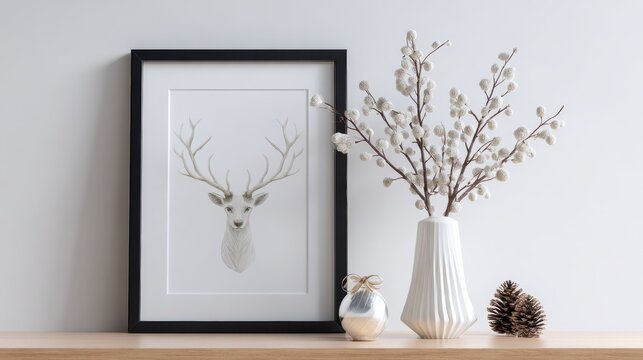 mockup black poster frame with christmas decoration in home interior scandinavian style christmas deer branches in a vase on a white table ai generated