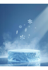 Winter wonderland ice podium with falling snowflakes