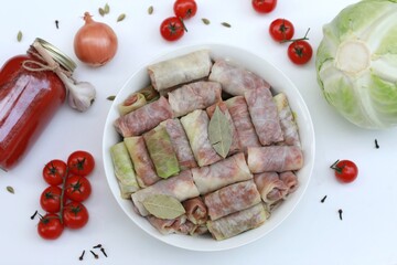 Cabbage rolls, Tolma, Makhshi, homemade food, on the table, on a white background