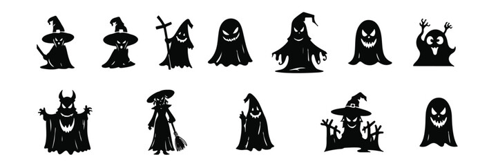 Collection of Halloween silhouettes featuring ghosts spooky trees haunted houses 