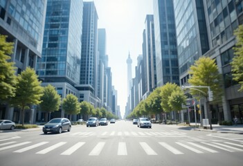 Modern urban street with towering skyscrapers and green trees lining a wide avenue under clear sky