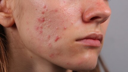 Fototapeta premium acne on woman face with rash skin, scar, and red skin syndrome allergic to cosmetics, use steroids, dermatology, inflammation, infection, hygiene