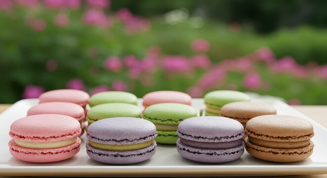 Assorted colorful meringue cookies are presented on a white plate outdoors.