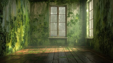 Obraz premium sunlit room with extensive green mold growth on walls and wood floor