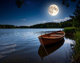 Wooden boat on a calm lake under a full moon