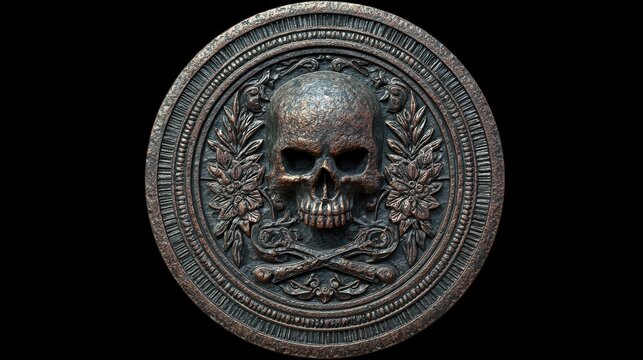 old pirate bronze medallion coin with a skull in the middle isolated on transparent background