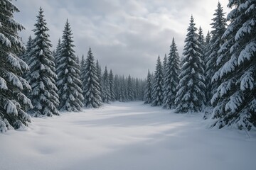 Fototapeta premium Snow Covered Pine Forest in Winter Landscape