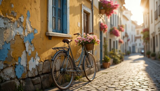 A charming vintage bicycle with flowers parked beside a sunlit rustic street in an old town during