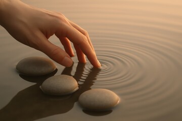 Zen stone stacking on calm river shore European male hand placing pebble in tranquil slow movement meditative harmony with nature captured in soft light