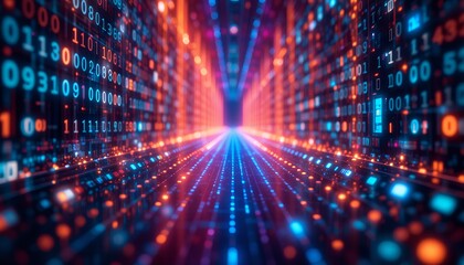 abstract futuristic digital data stream with glowing binary code in vibrant colors representing