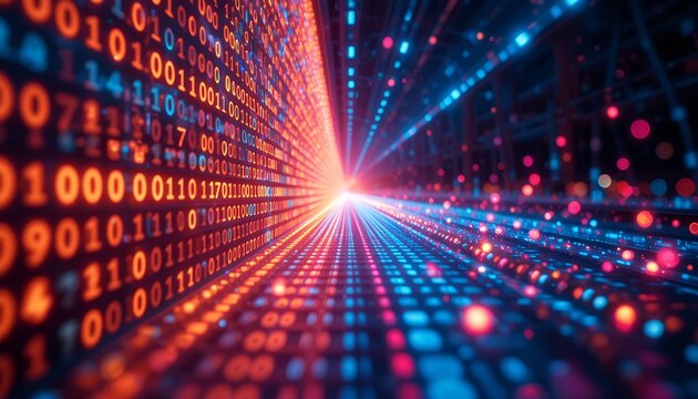 Abstract digital binary data flow representing futuristic technology and information transmission