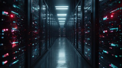 modern data technology center server racks in dark room with vfx visualization concept of internet of things data flow digitalization of internet traffic complex electric equipment warehouse
