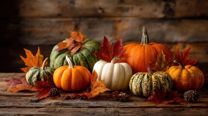 welcome the first day of fall with a festive display of pumpkins and autumn leaves on a rustic wooden background