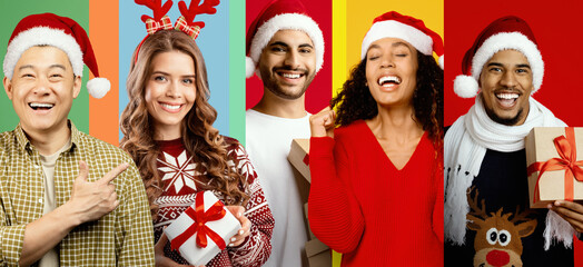 A vibrant collage features five cheerful individuals dressed in festive attire, wearing Santa hats and smiling while holding gifts.