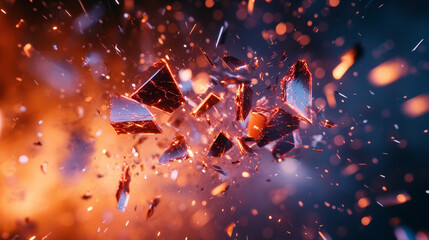 A hologram shatters into shards mid-air in hyperrealistic detail, symbolizing fragility, transformation, and digital impermanence. The luminous fragments highlight the tension between technology and v