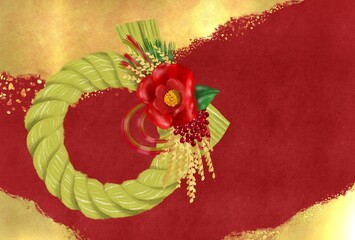 赤色と金色の背景に正月飾りをあしらった年賀状背景素材