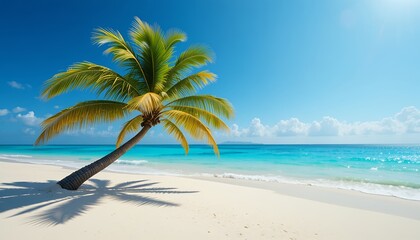 Fototapeta premium Serene tropical beach with leaning palm tree turquoise water and clear blue sky