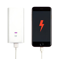 Portable power bank charging a mobile device with a lightning bolt icon