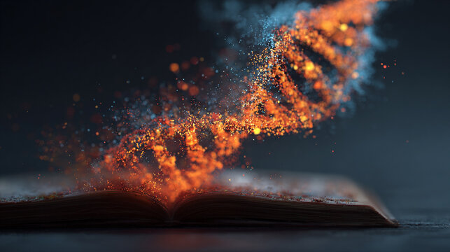 A hyperrealistic holographic DNA strand emerges from an open book, glowing with vivid colors, symbolizing knowledge, science, discovery, and futuristic learning.
 - Powered by Adobe