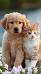 Golden retriever puppy and ginger kitten sit together outdoors.