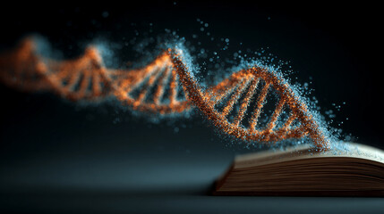 A hyperrealistic holographic DNA strand emerges from an open book, glowing with vivid colors, symbolizing knowledge, science, discovery, and futuristic learning.
