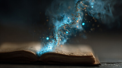 A hyperrealistic holographic DNA strand emerges from an open book, glowing with vivid colors, symbolizing knowledge, science, discovery, and futuristic learning.
