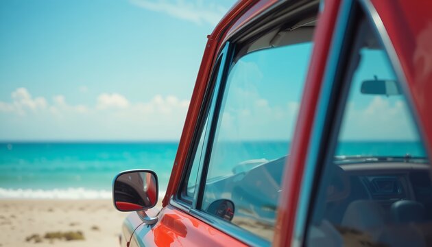 Fototapeta view from a red vintage car parked near the calm ocean shore on a sunny day with clear blue sky