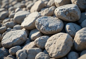 Close up detailed view of smooth rounded weathered stones lying together in natural outdoor setting