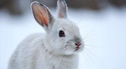 Obraz premium Close-up of a White Rabbit with Pink Ears and Whiskers in Winter