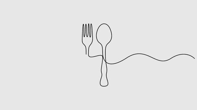 Animation video. Continuous one line drawing of spoon and fork. Cutlery set. Restaurant logo concept. Full length one line 4K video