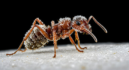 Frosty Ant: A Macro View of a Winter-Kissed Insect on a Textured Surface