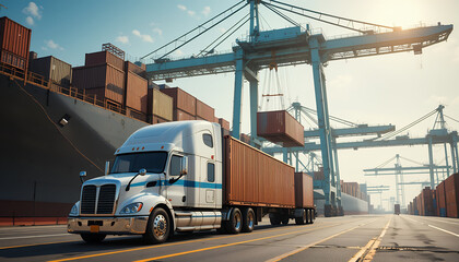 Heavy duty truck transporting shipping containers at busy port terminal with cranes loading cargo