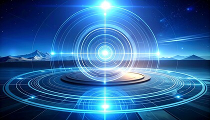 A bright blue holographic targeting reticle and concentric rings projected onto a mountain landscape.