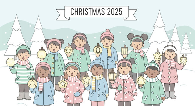 Weihnachtsgruppe von Kindern im Schnee.